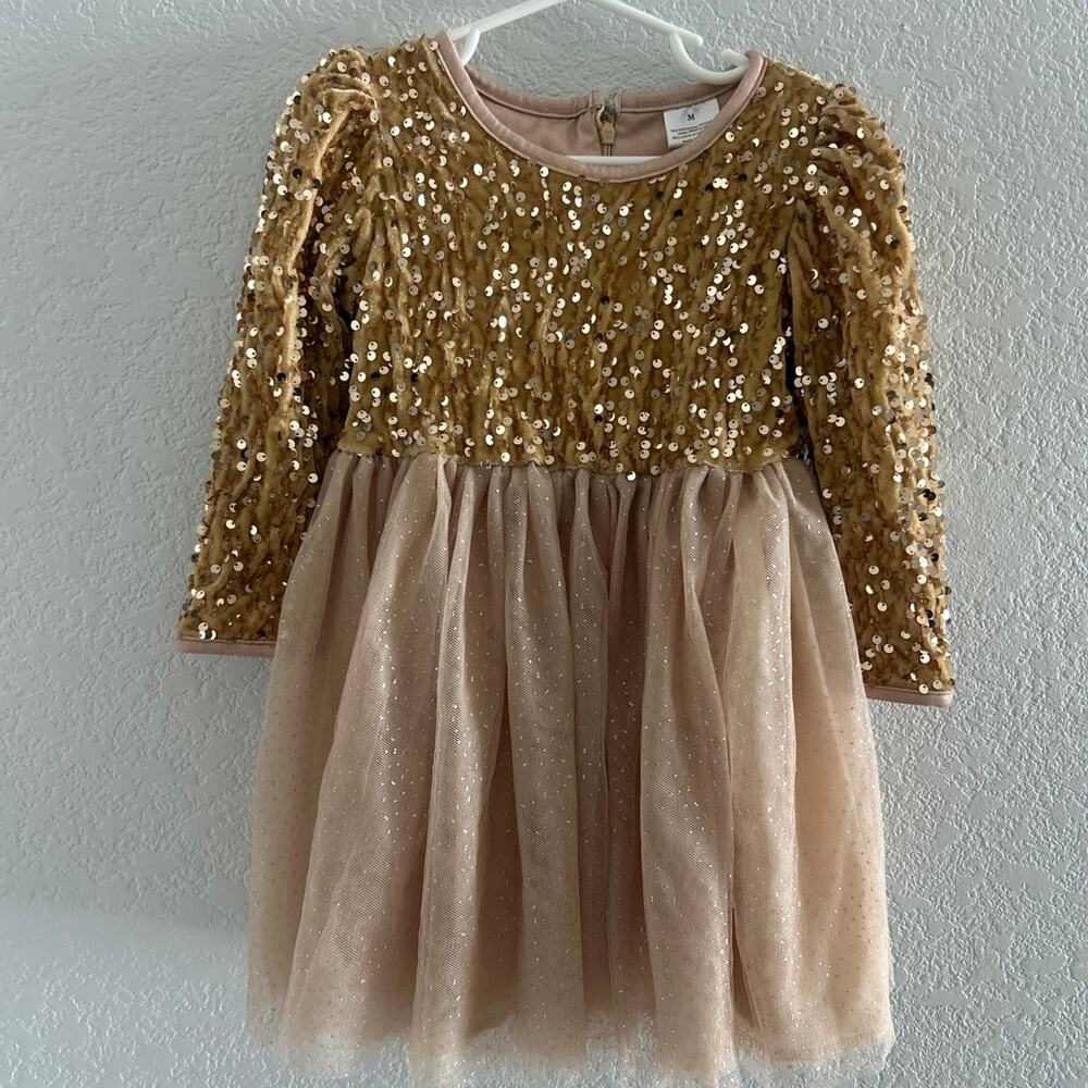 Little Girls Gold Sequence Christmas Holiday Dress - Excellent Condition